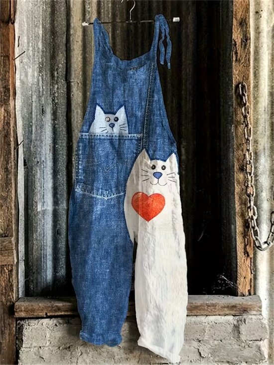 Pants - Women's Cat Printed Overalls